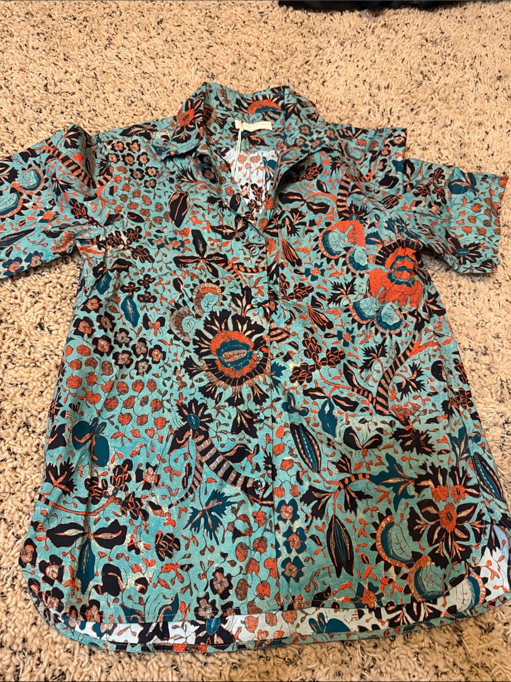 Ulla Johnson Turquoise Floral Blouse with Coral and Navy Accents